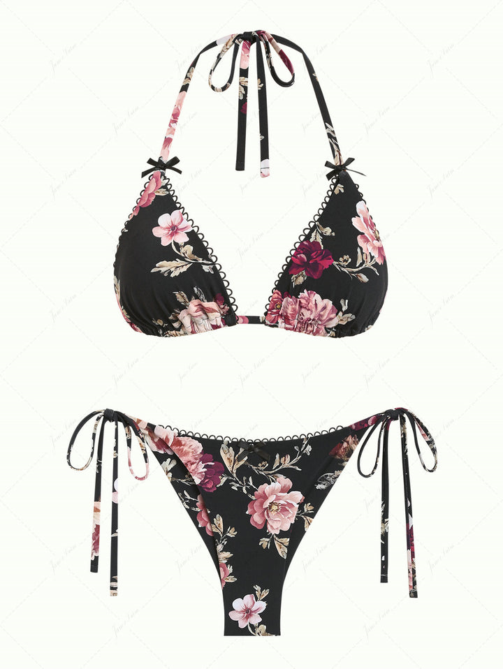 Black Floral Leaf Print Triangle Top & Cheeky Brazilian Bottom Bikini Set