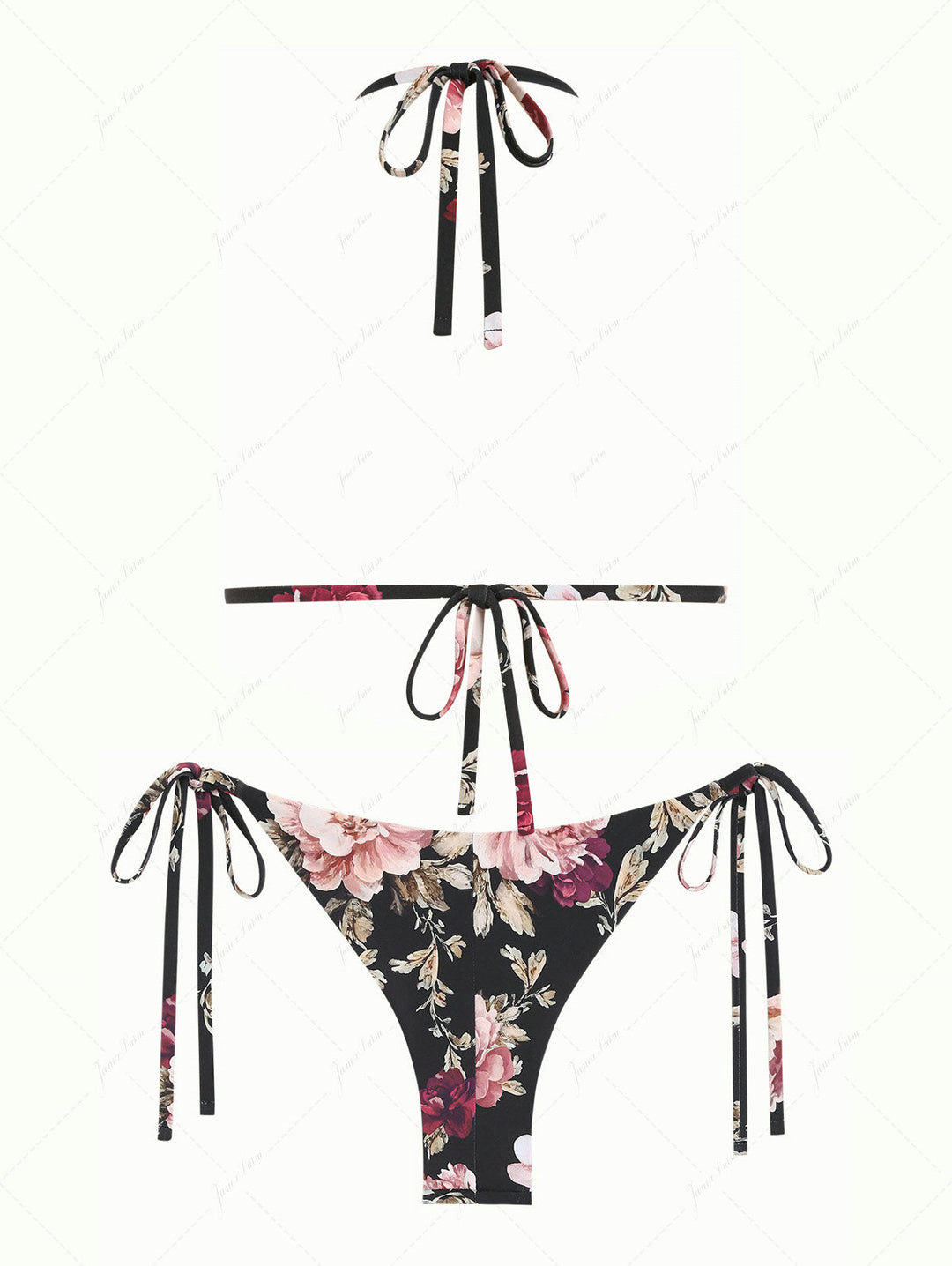 Black Floral Leaf Print Triangle Top & Cheeky Brazilian Bottom Bikini Set