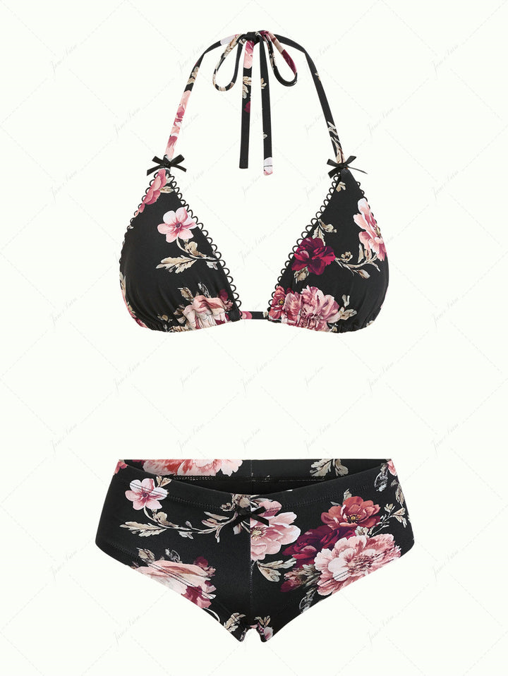 Black Floral Leaf Print Picot Trim Bowknot Triangle Cheeky Boyshorts Bikini Set