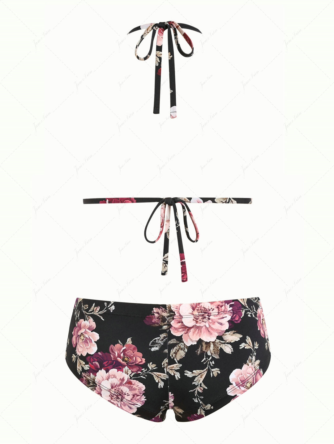 Black Floral Leaf Print Picot Trim Bowknot Triangle Cheeky Boyshorts Bikini Set