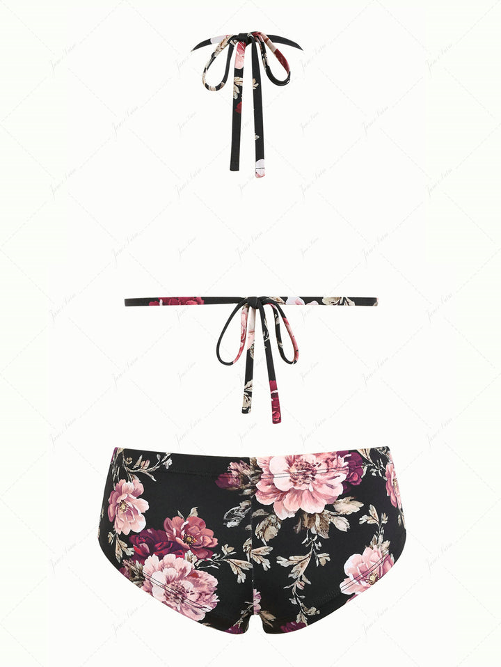 Black Floral Leaf Print Picot Trim Bowknot Triangle Cheeky Boyshorts Bikini Set