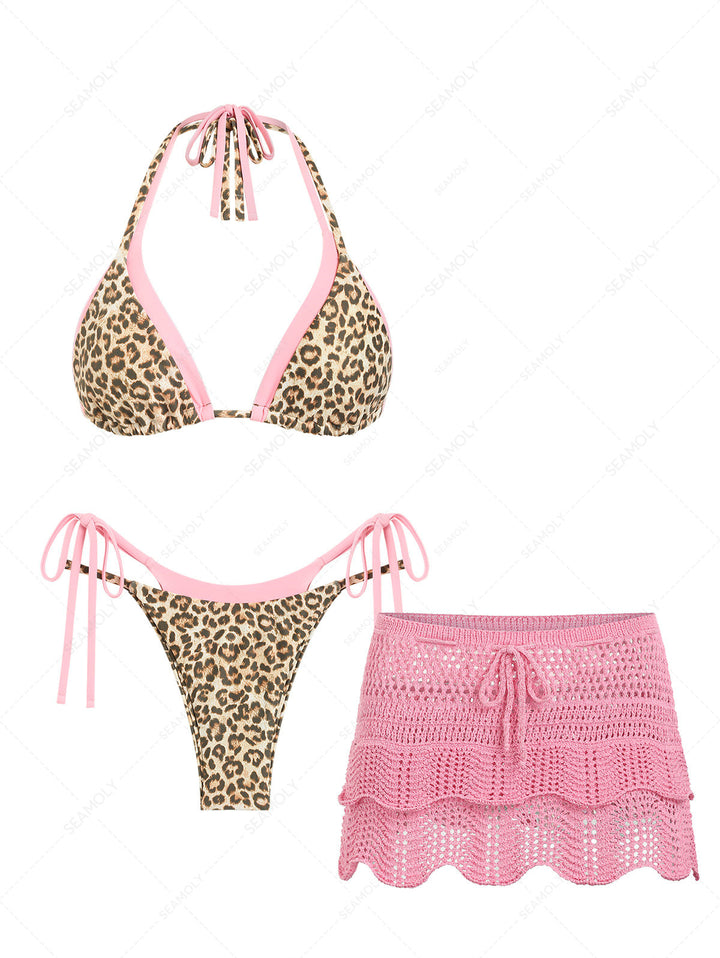 Seamolly 3 Piece Swimsuit - Leopard Print Triangle Double Layer Bikini Set & Cover Up Skirt
