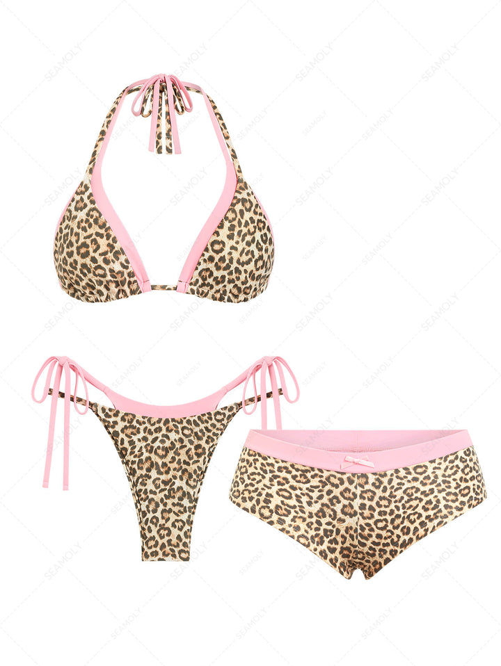 Seamolly 3 Piece Contrast Color Leopard Print String Double Layer Cheeky Boyshort Bikini Set