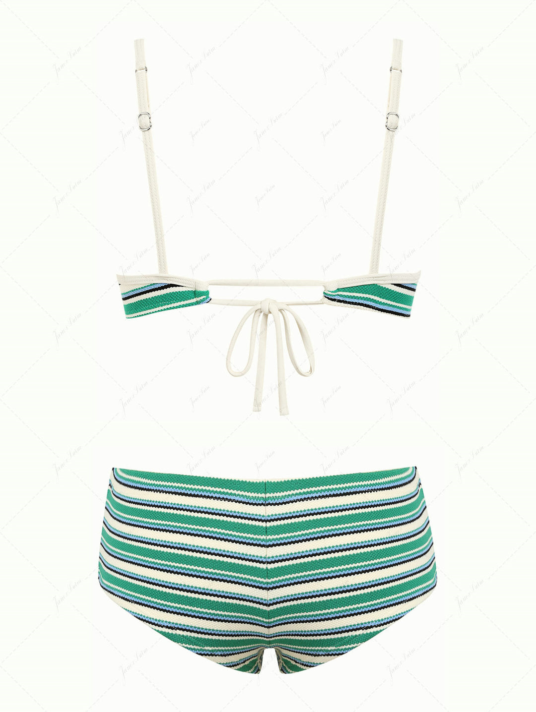 Green Textured Striped Bowknot Contrast Binding Cheeky Boyshorts Bikini Set