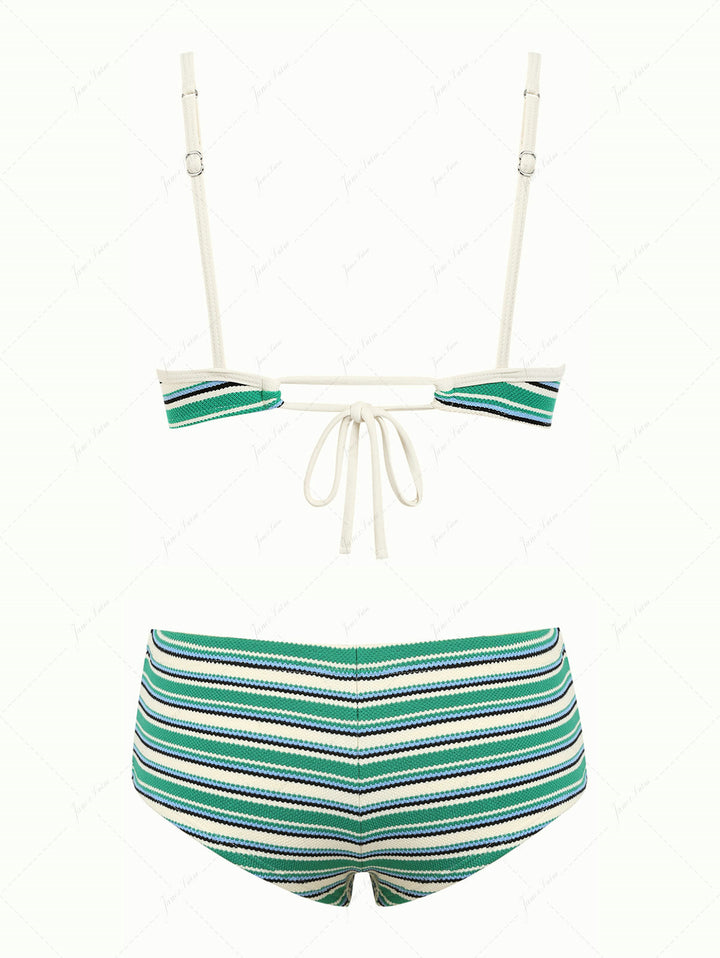 Green Textured Striped Bowknot Contrast Binding Cheeky Boyshorts Bikini Set