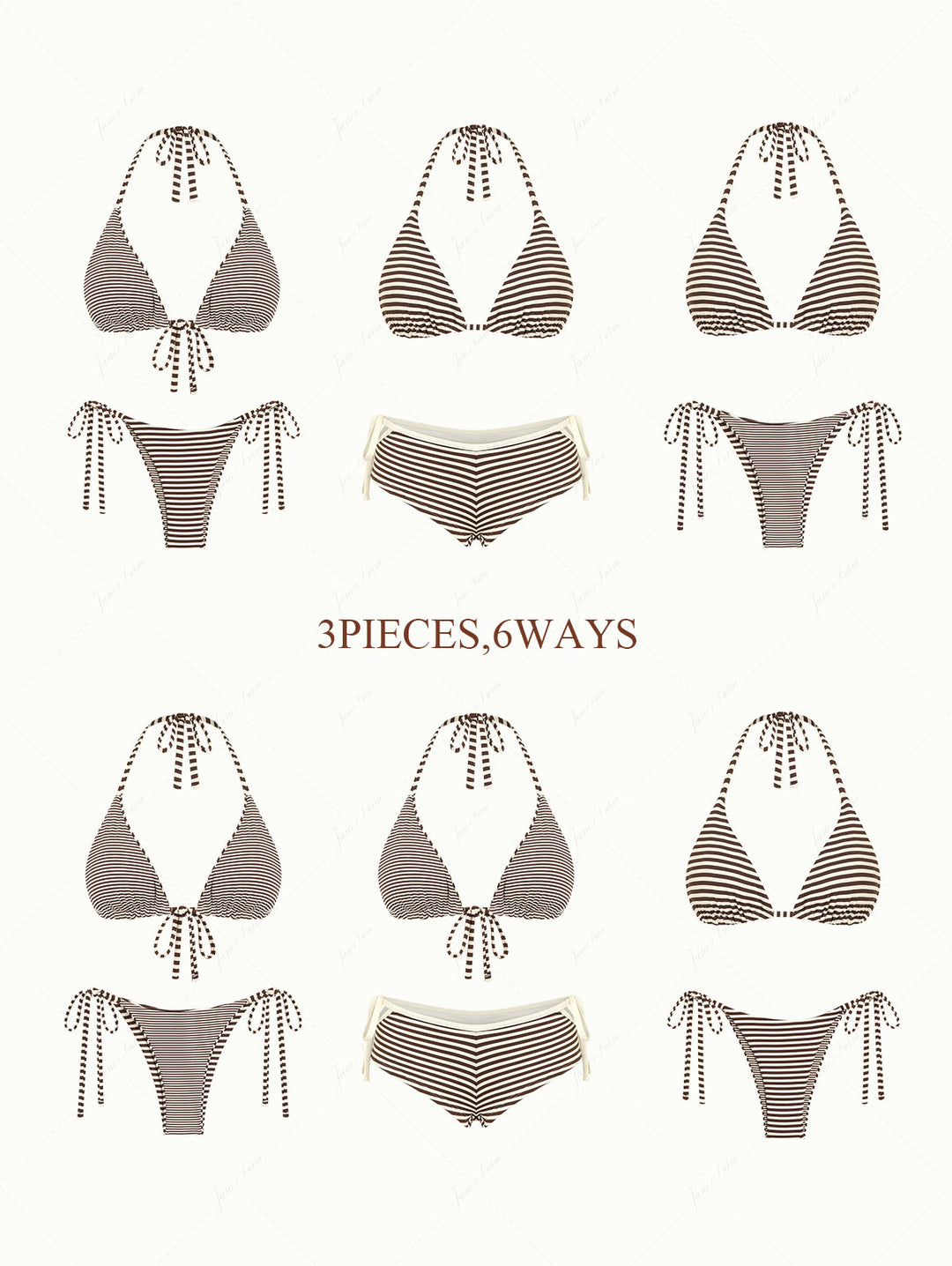 Brown Knit Striped Halter Triangle String Reversible Bikini Set