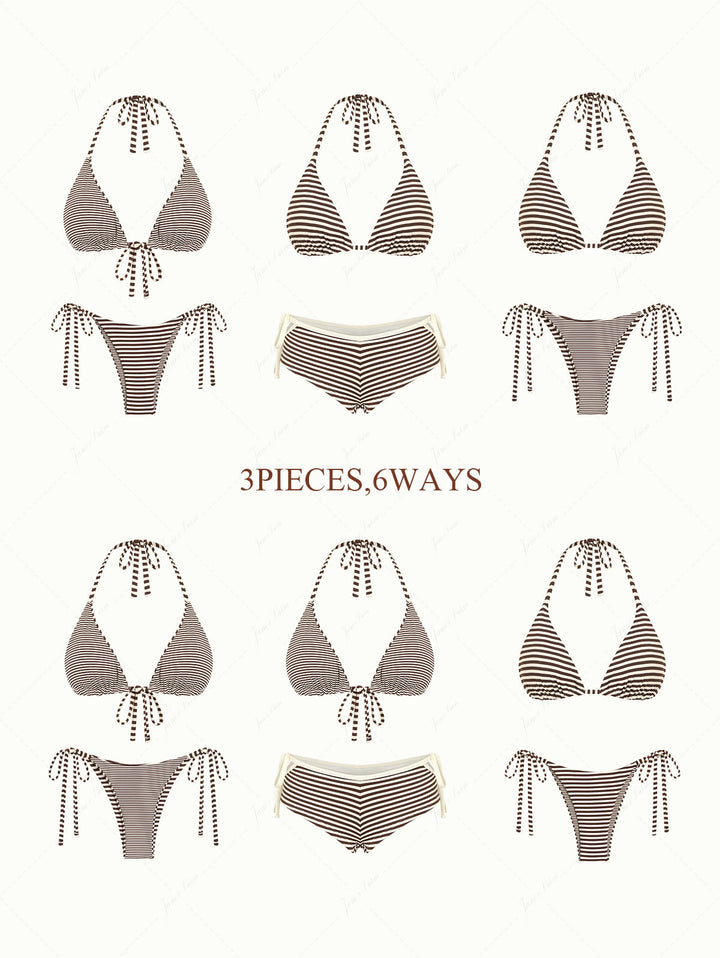 Brown Knit Striped Halter Triangle String Reversible Bikini Set
