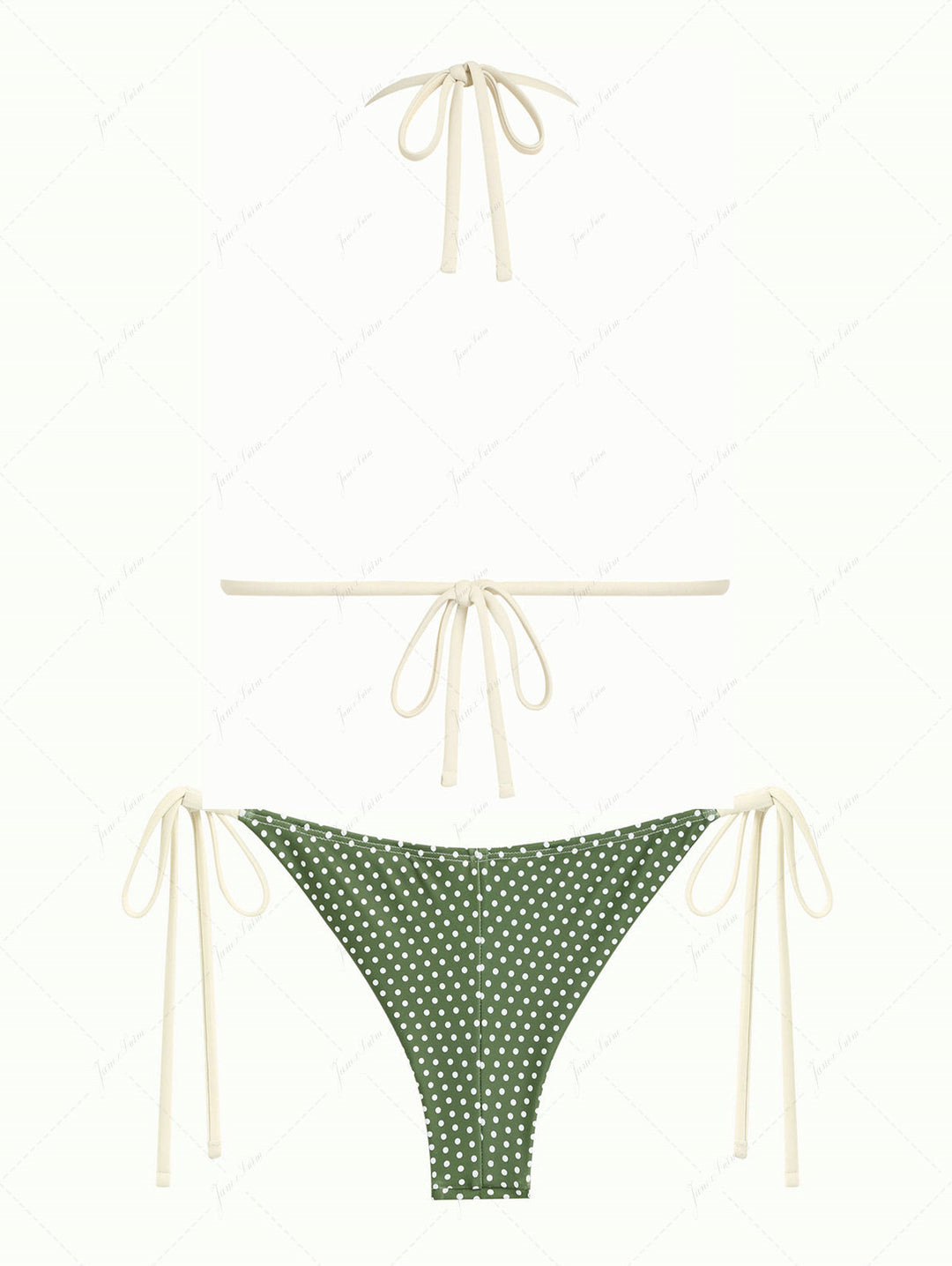 Plant Green Polka Dot Lace Bowknot Triangle Top & Cheeky Brazilian Bottom Bikini Set