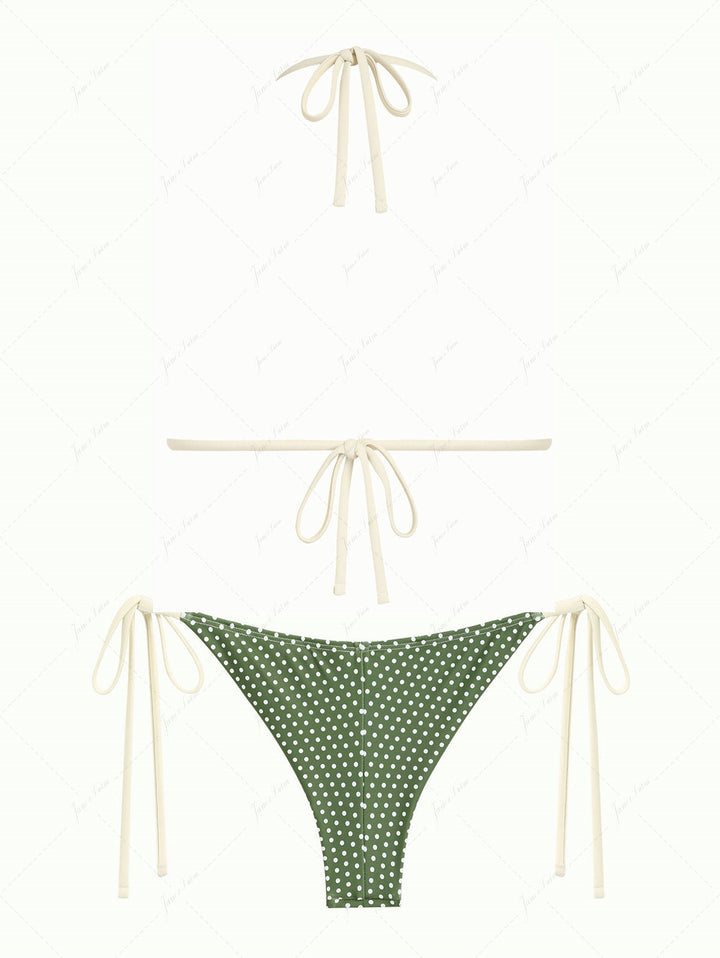 Plant Green Polka Dot Lace Bowknot Triangle Top & Cheeky Brazilian Bottom Bikini Set