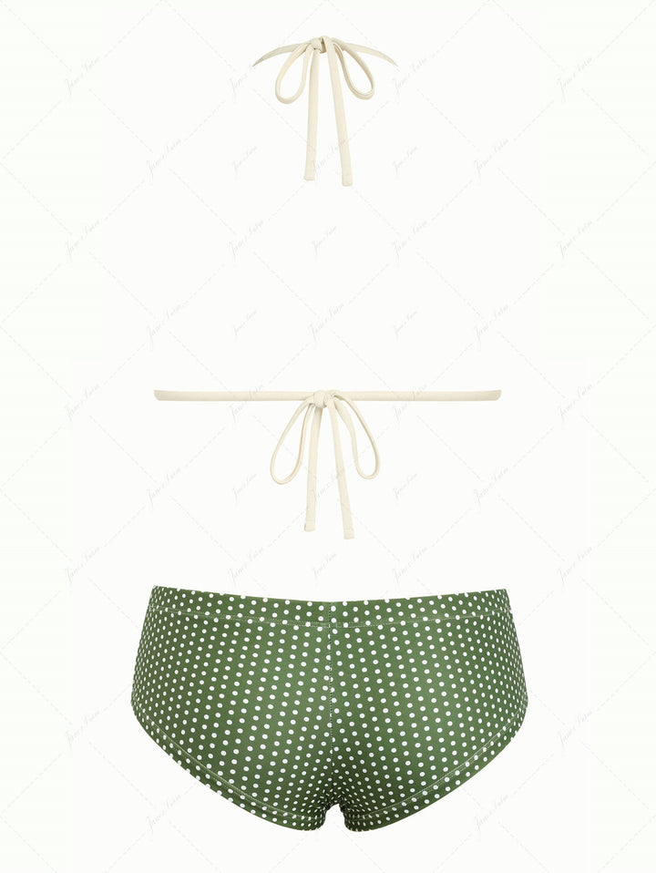 Plant Green Polka Dot Lace Bowknot Halter Triangle Cheeky Boyshorts Bikini Set