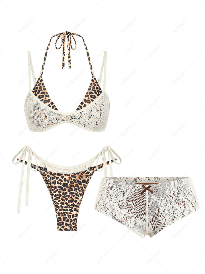 Seamolly 3 Piece Lace Leopard Print Double Layer Cheeky Boyshort Bikini Set
