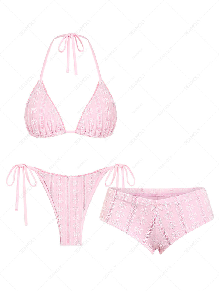Seamolly 3 Piece Jacquard String Triangle Cheeky Boyshort Bikini Set