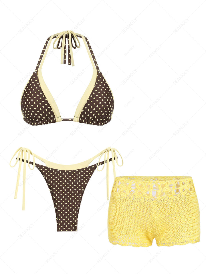 Seamolly 3 Piece Swimsuit-Polka Dot Print String Double Layer Bikini Set & Cover Up Shorts