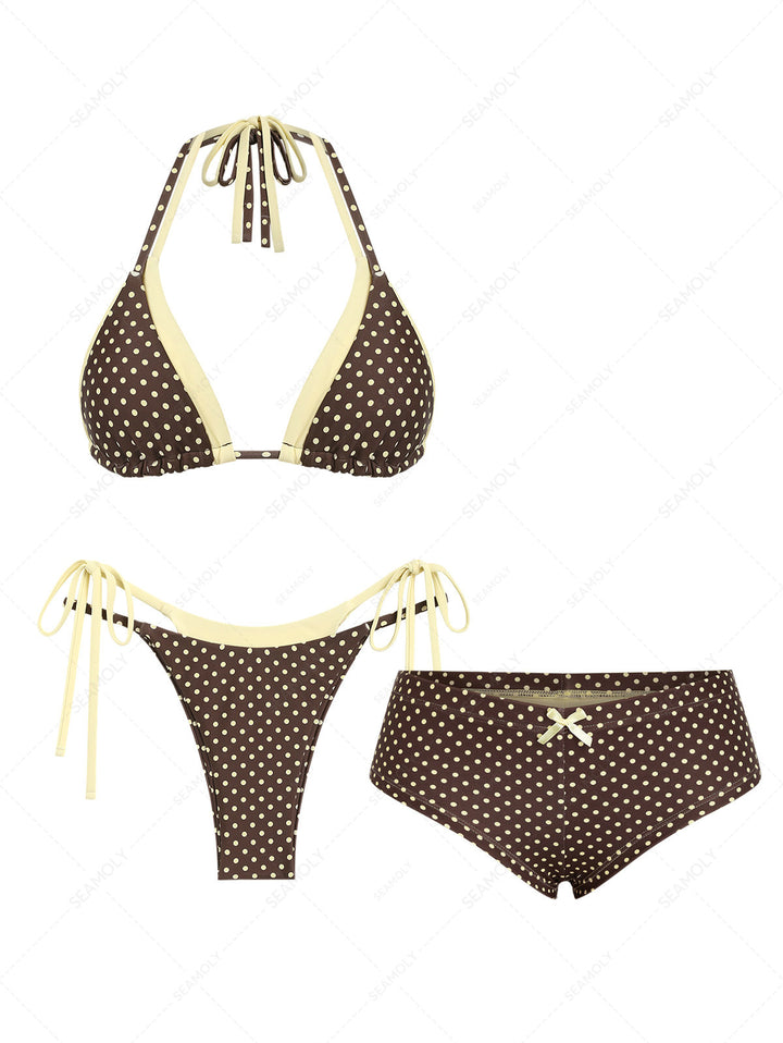 Seamolly 3 Piece Polka Dot Tie Side Double Layer Cheeky Boyshort Bikini Set