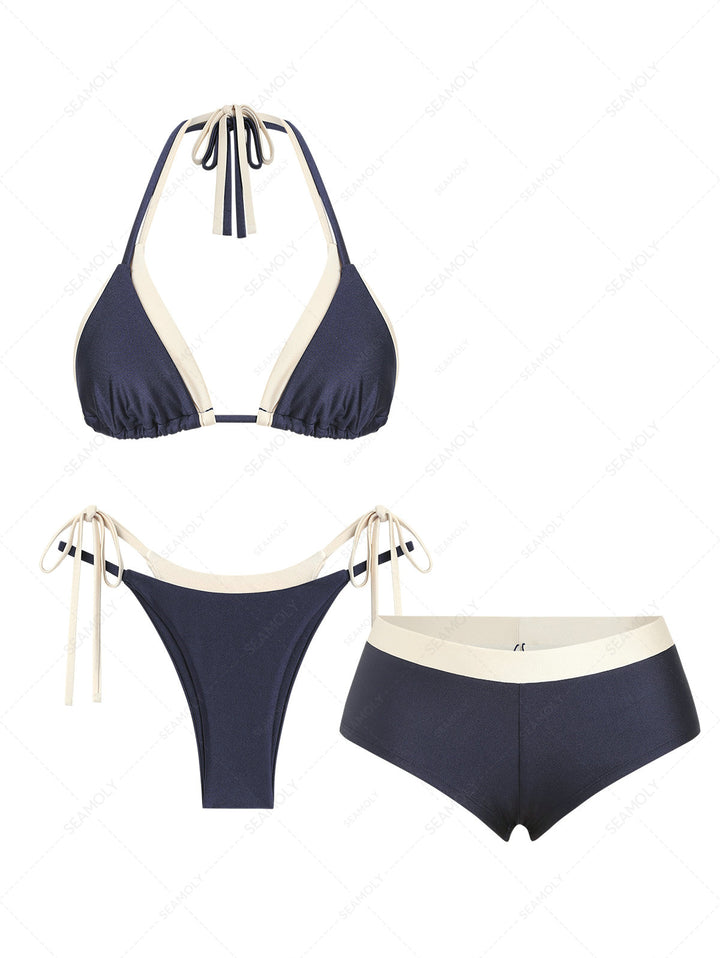 Seamolly 3 Piece Two Tone Tie Side Double Layer Cheeky Boyshort Bikini Set