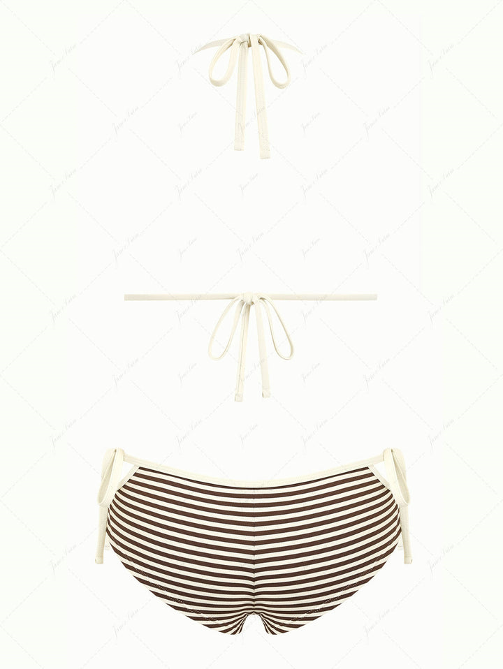 Brown Ribbed Knit Striped Contrast Binding Cheeky Boyshorts Bikini Set