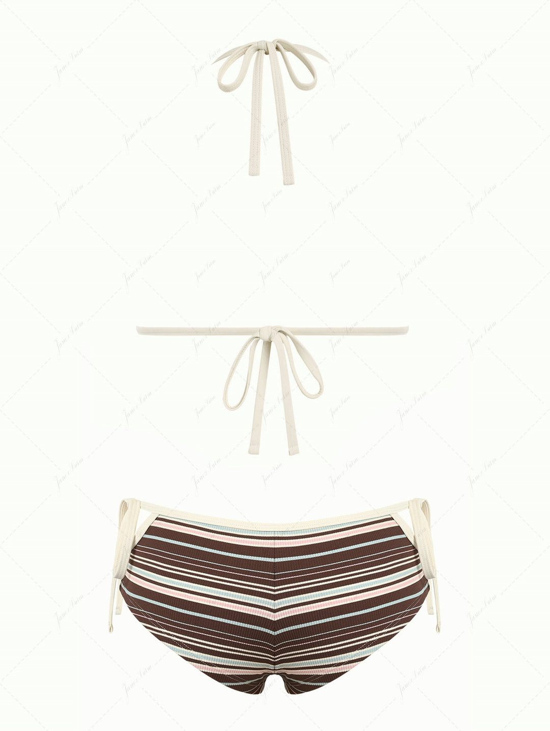Deep Coffee Ribbed Striped Contrast Binding Triangle Top & Cheeky Boyshorts Bikini Set