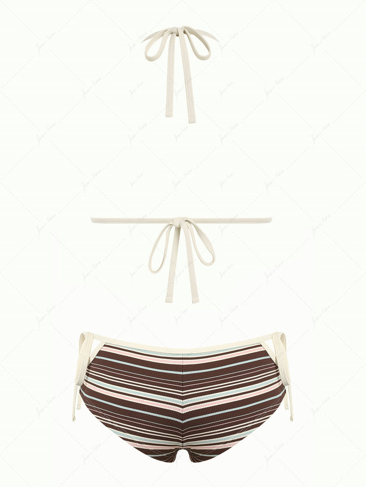 Deep Coffee Ribbed Striped Contrast Binding Triangle Top & Cheeky Boyshorts Bikini Set