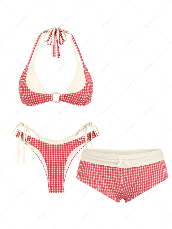 Seamolly 3 Piece Gingham Textured O Ring Double Layer Cheeky Boyshort Bikini Set