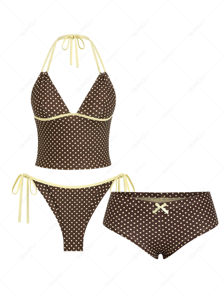 Seamolly 3 Piece Polka Dot Halter String Brazilian Cheeky Boyshort Tankini Set