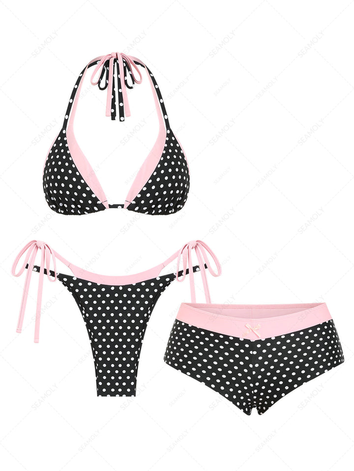 Seamolly 3 Piece Contrast Color Polka Dot String Double Layer Cheeky Boyshort Bikini Set