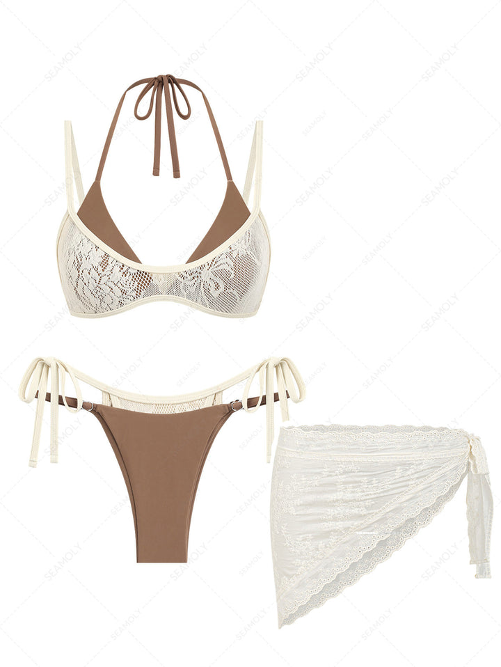 Seamolly 3 Piece Swimsuit - Contrast Lace String Double Layer Bikini Set & Cover Up Sarong