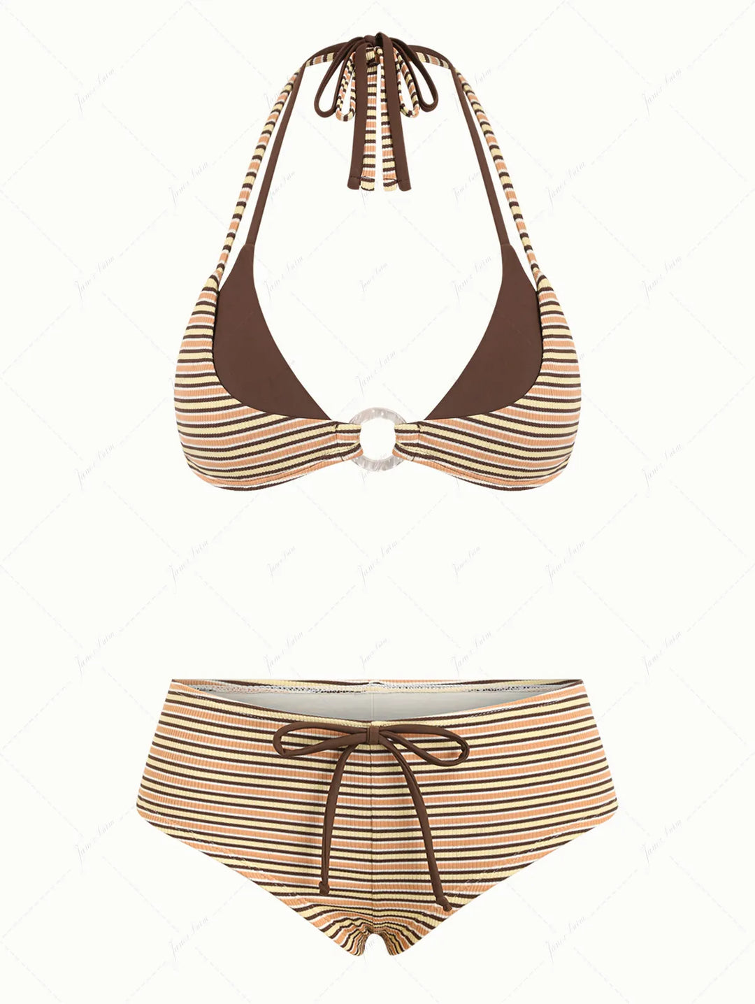 Yellow Ribbed Striped O Ring Double Layer Top & Cheeky Boyshorts Bikini Set
