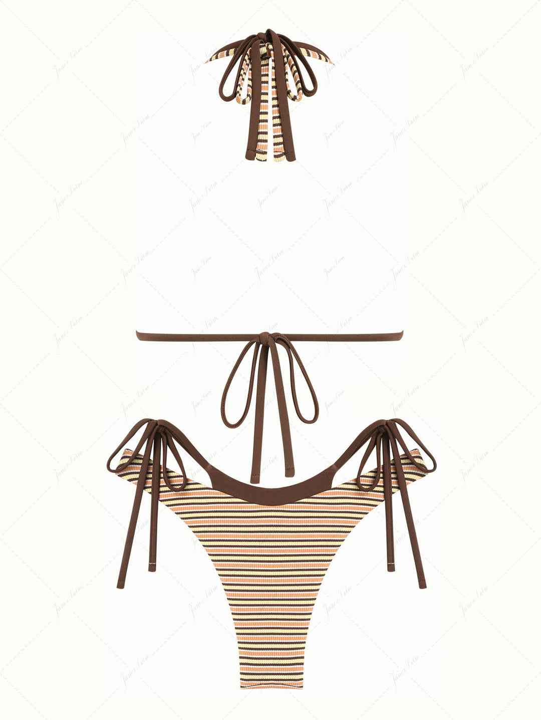 Yellow Contrast Color Ribbed Striped O Ring Double Layer Bikini Set