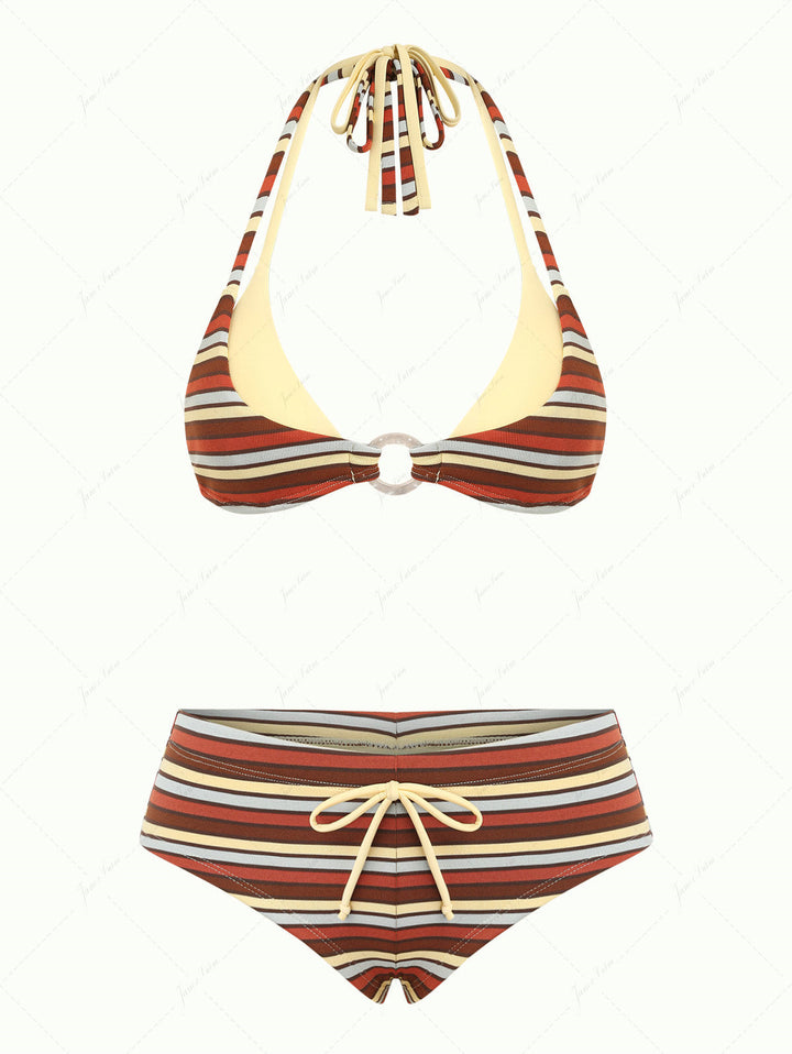 Yellow Ribbed Knit Striped O Ring Double Layer Top & Cheeky Boyshorts Bikini Set