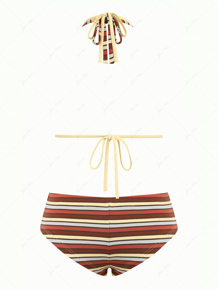 Yellow Ribbed Knit Striped O Ring Double Layer Top & Cheeky Boyshorts Bikini Set