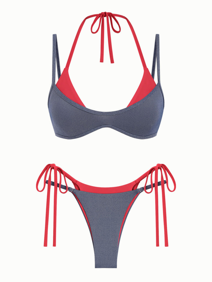 Deep Blue Denim Contrast Color String Double Layer Bikini Set