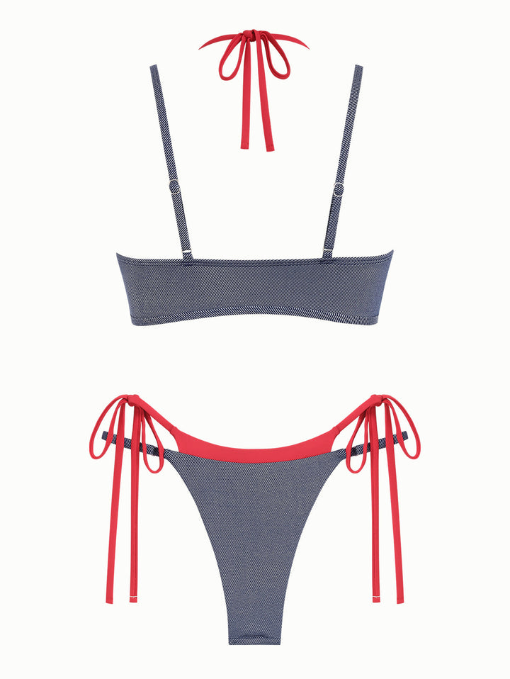 Deep Blue Denim Contrast Color String Double Layer Bikini Set