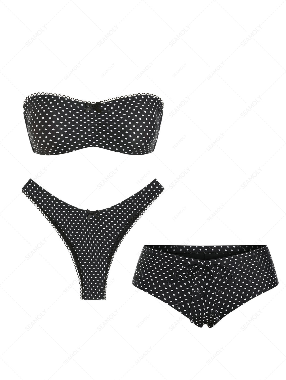 Seamolly 3 Piece Polka Dot Picot Bowknot Lace Up Bandeau Cheeky Boyshort Bikini Set