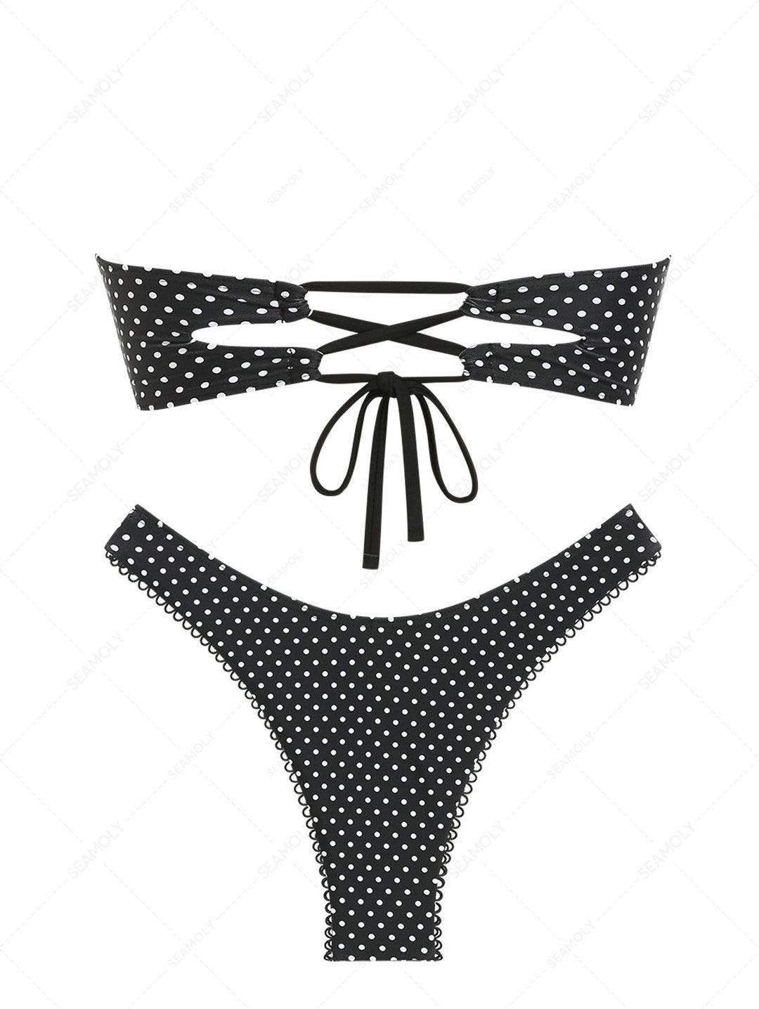 Seamolly Polka Dot Picot Bowknot Lace Up Back Bandeau Bikini Set