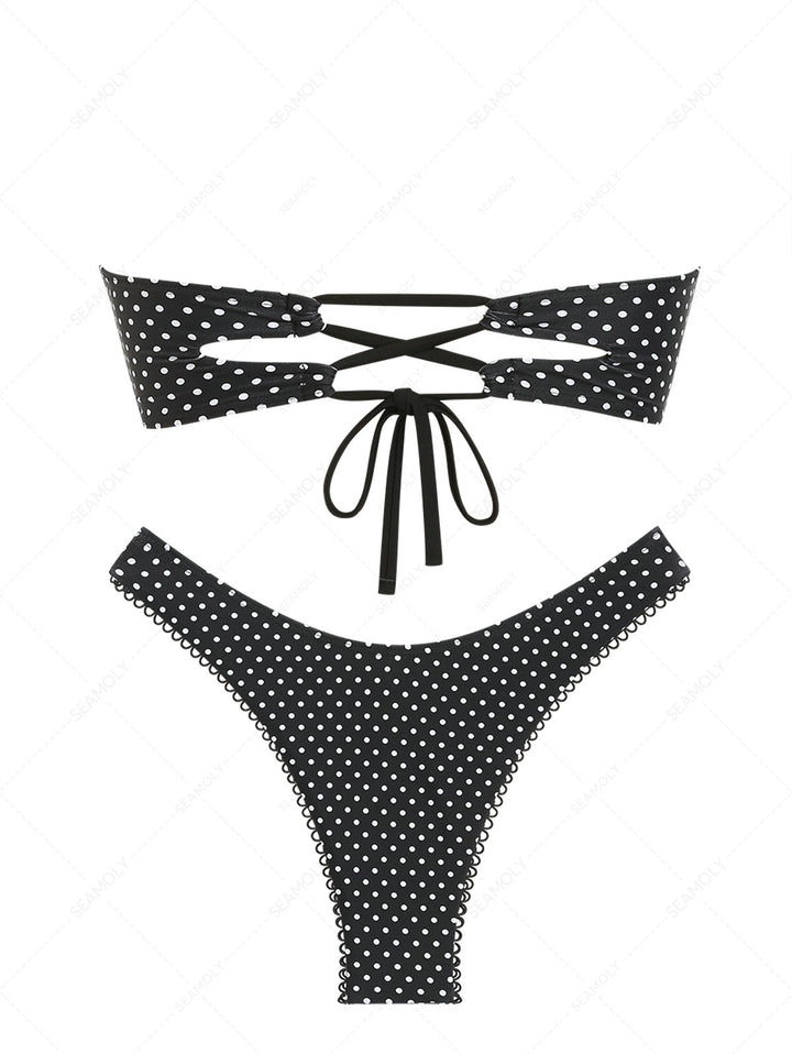 Seamolly Polka Dot Picot Bowknot Lace Up Back Bandeau Bikini Set