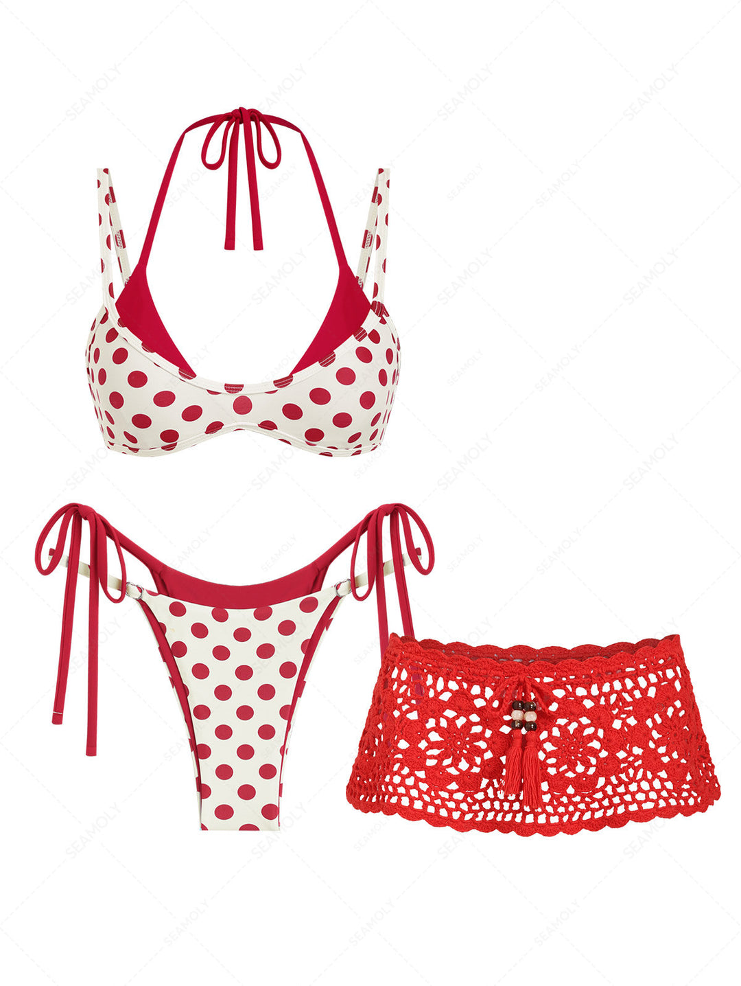 Seamolly 3 Piece Swimsuit - Polka Dot Print Double Layer Bikini Set & Crochet Skirt Cover Up