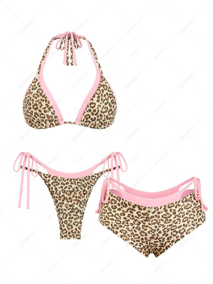 Seamolly 3 Piece Contrast Color Leopard Print Double Layer Cheeky Boyshort Bikini Set