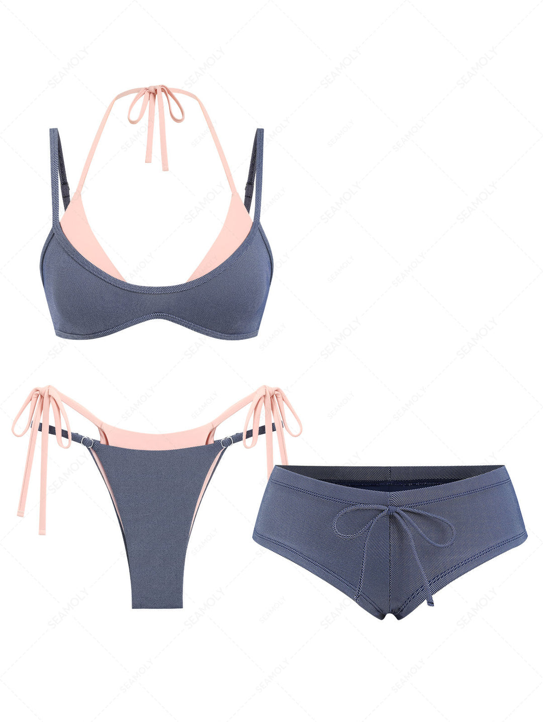 Seamolly 3 Piece Denim Contrast Color Double Layer Cheeky Boyshort Bikini Set