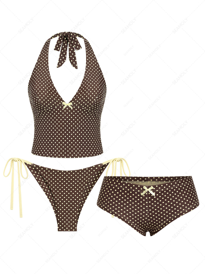 Seamolly 3 Piece Polka Dot Halter Brazilian Cheeky Boyshort Tankini Set