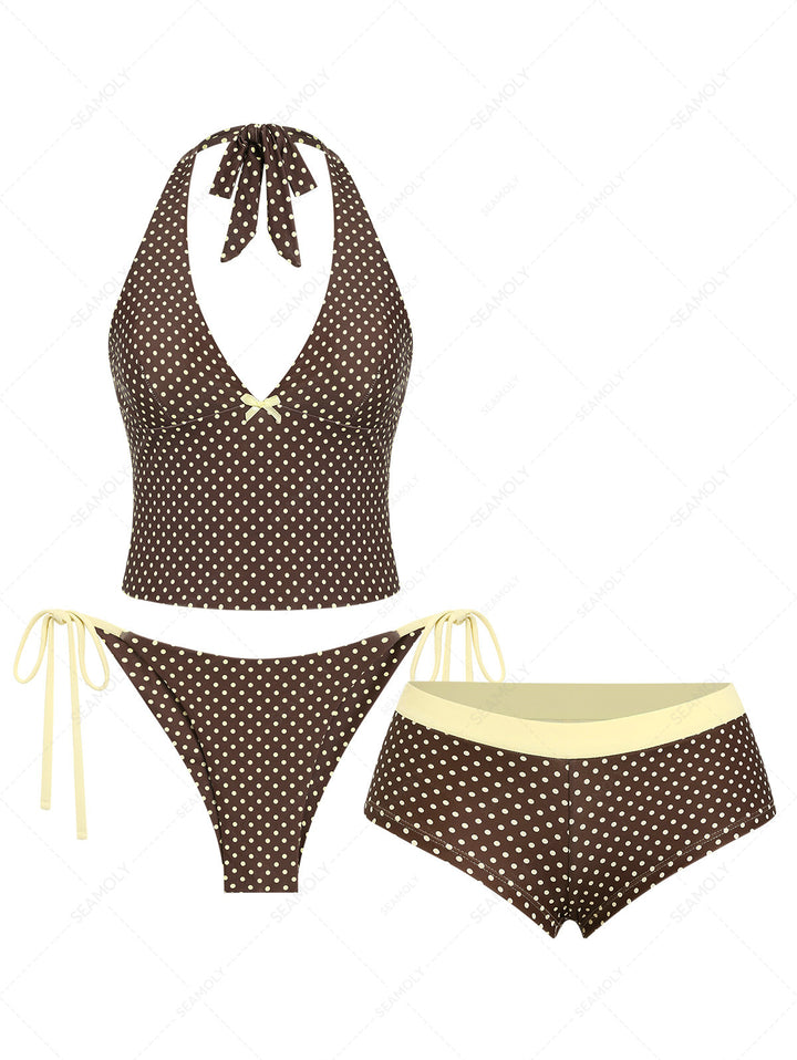 Seamolly 3 Piece Polka Dot Halter Brazilian Cheeky Boyshort Tankini Set