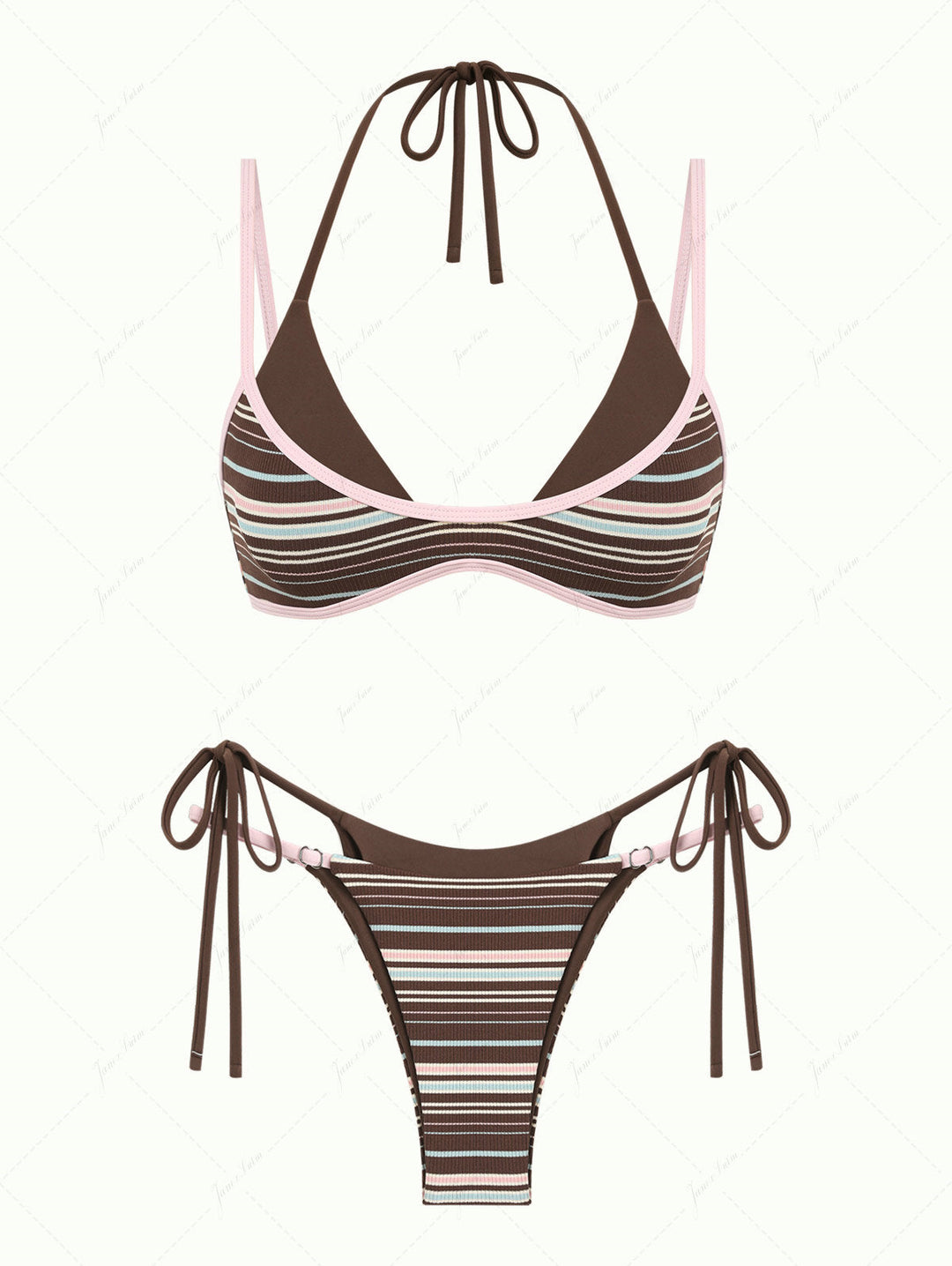 Deep Coffee Ribbed Knit Striped Contrast Binding Double Layer Bikini Set