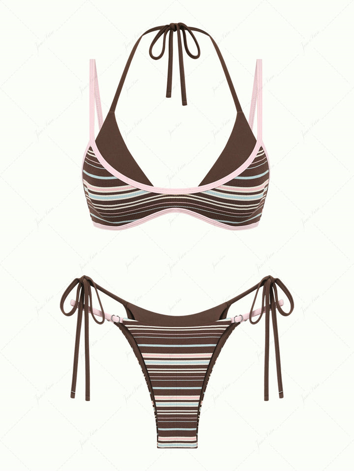 Deep Coffee Ribbed Knit Striped Contrast Binding Double Layer Bikini Set