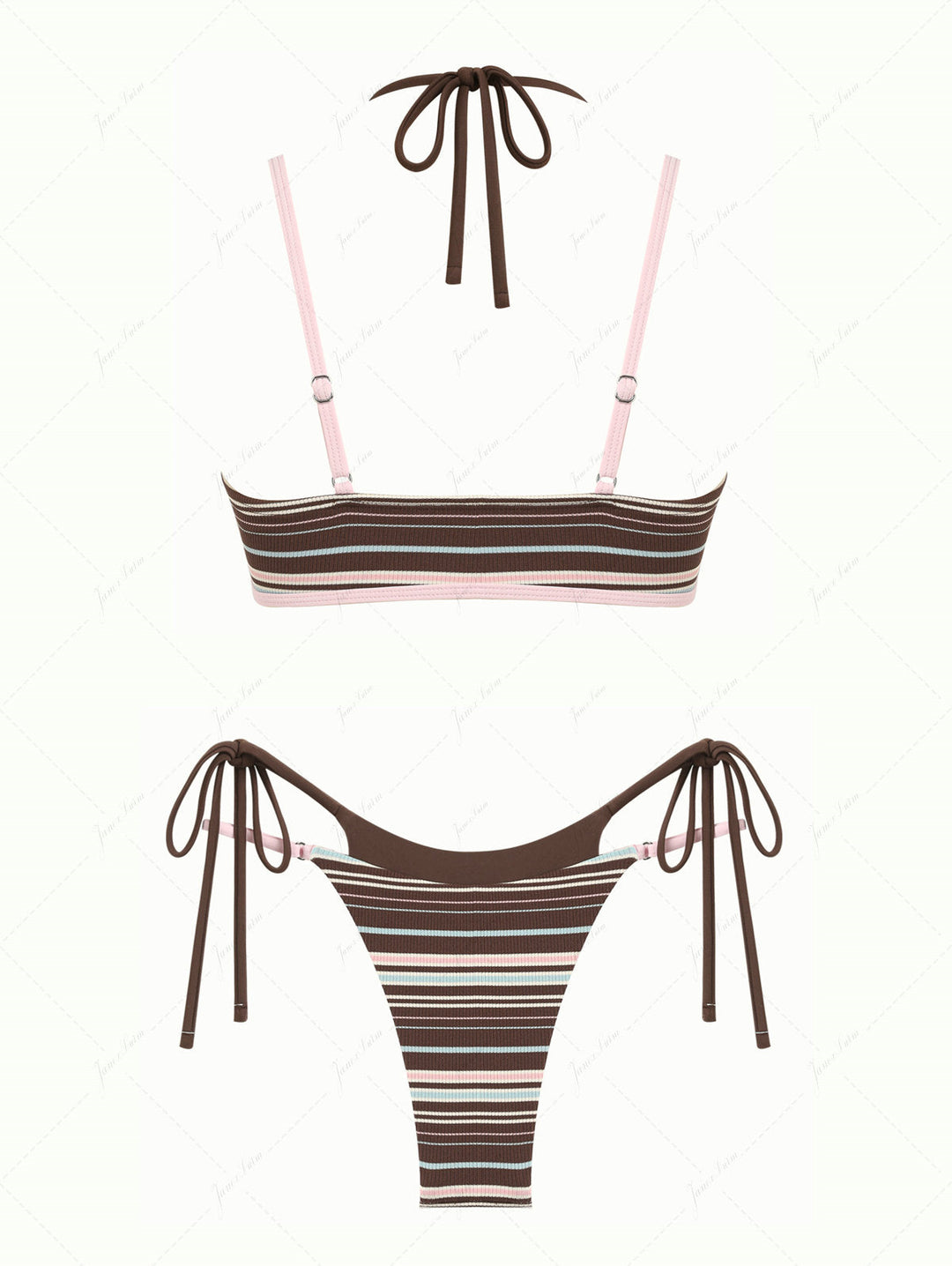 Deep Coffee Ribbed Knit Striped Contrast Binding Double Layer Bikini Set
