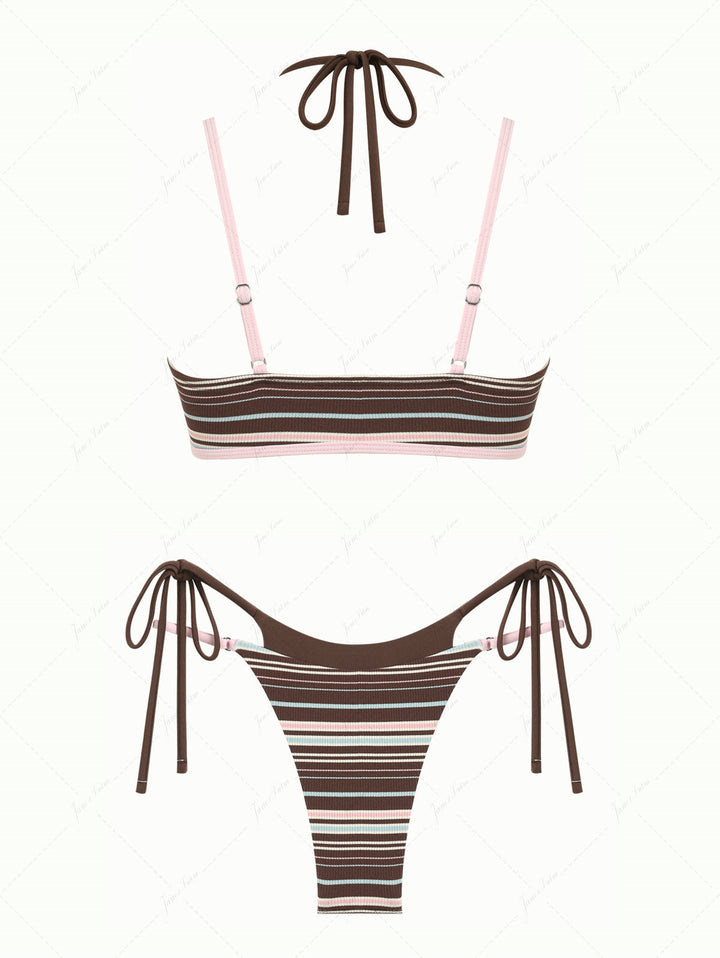 Deep Coffee Ribbed Knit Striped Contrast Binding Double Layer Bikini Set