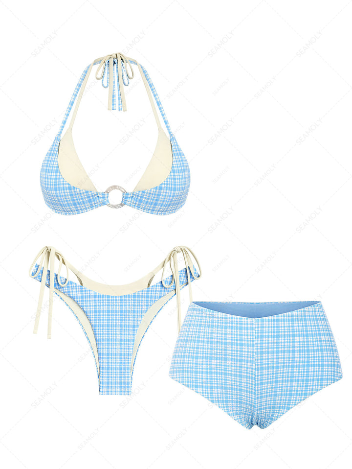 Seamolly 3 Piece Gingham Textured O Ring Double Layer Cheeky Boyshort Bikini Set