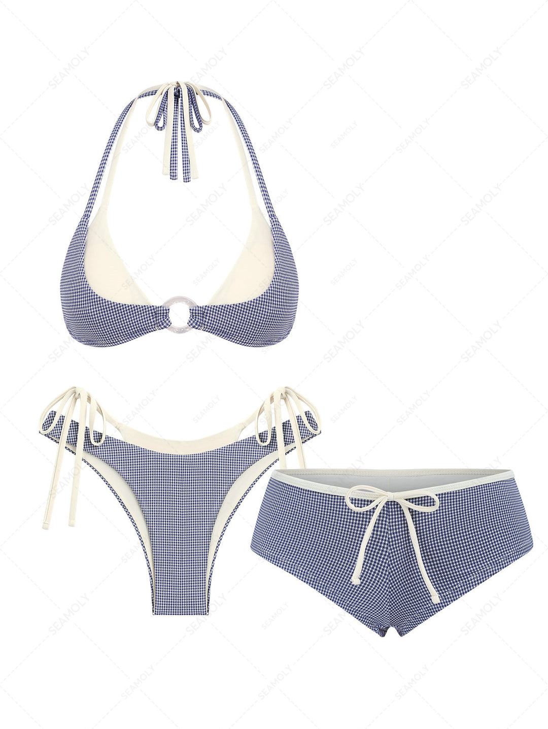 Seamolly 3 Piece Gingham O Ring Double Layer Cheeky Boyshort Bikini Set