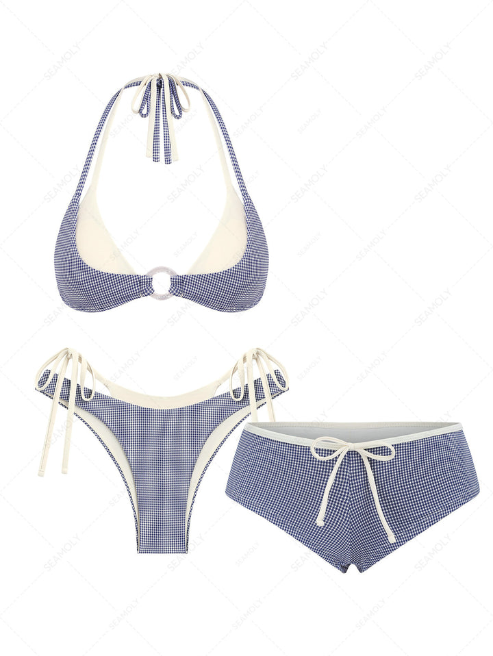 Seamolly 3 Piece Gingham O Ring Double Layer Cheeky Boyshort Bikini Set
