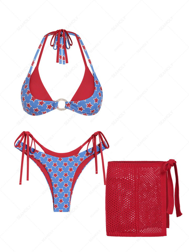 Seamolly 3 Piece Swimsuit - Stars Print O Ring Double Layer Bikini Set for 4th of July & Cover Up Skirt