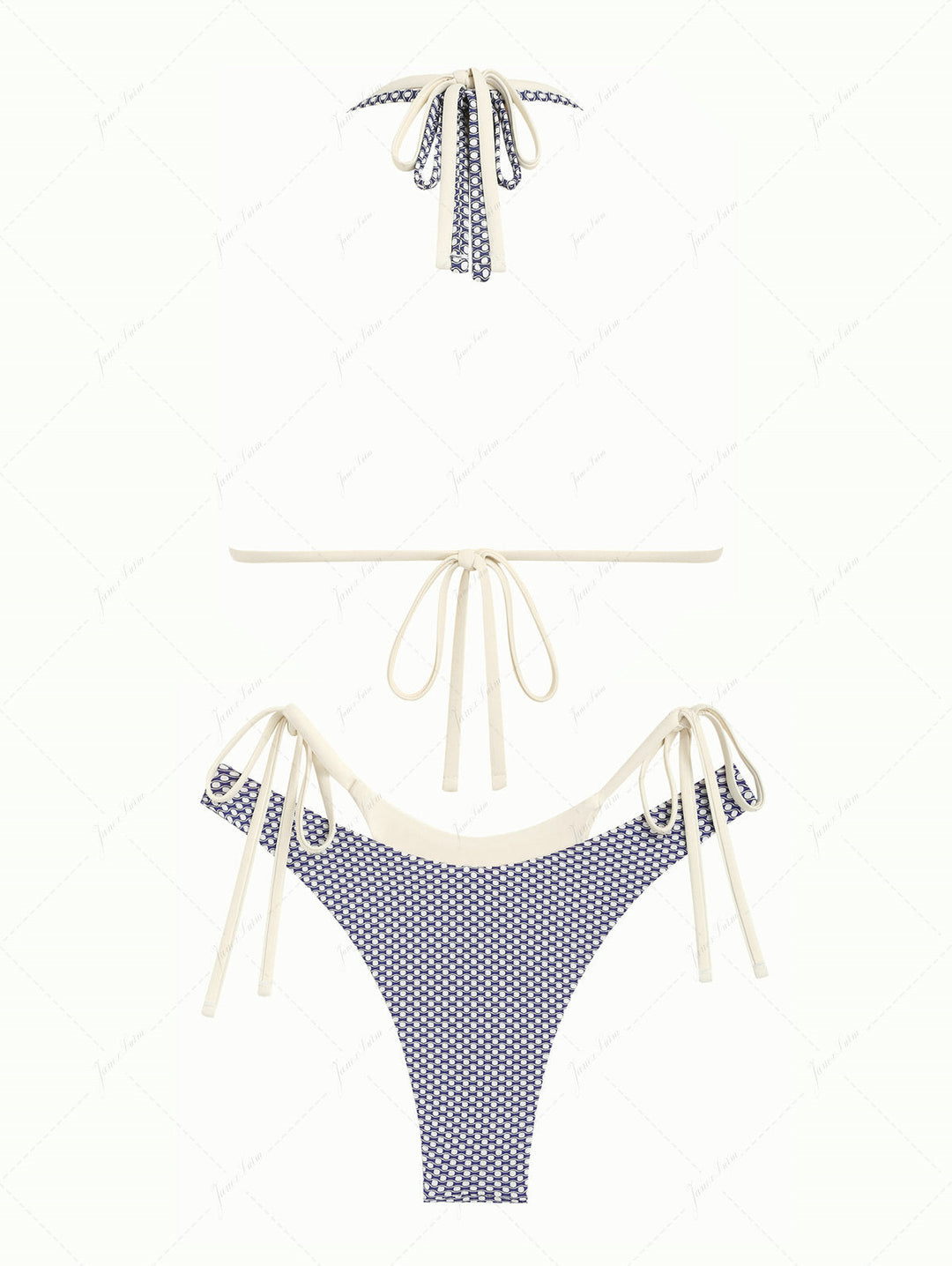 Deep Blue Contrast Color Polka Dot O Ring Double Layer Bikini Set