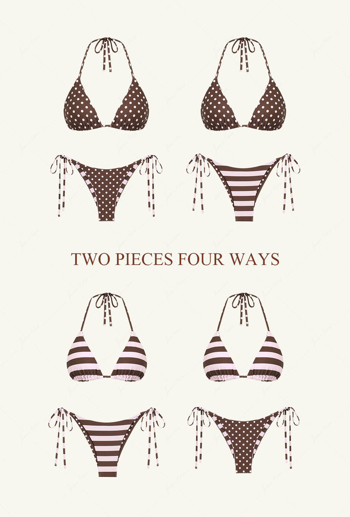 Pink Striped Polka Dot Print Reversible Triangle Top & Cheeky Brazilian Bottom Bikini Set